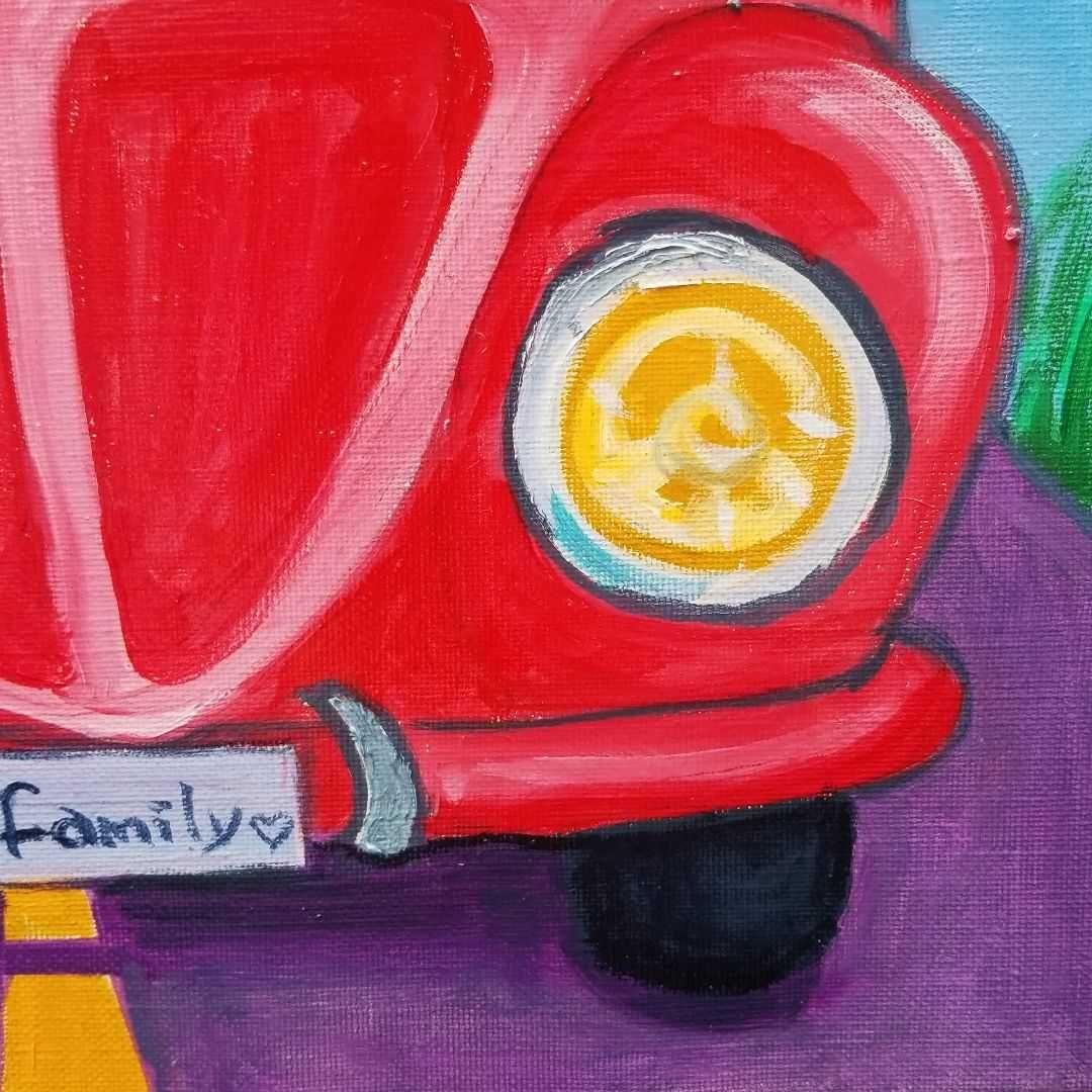 油絵　専用　ドライブに出発する猫の家族