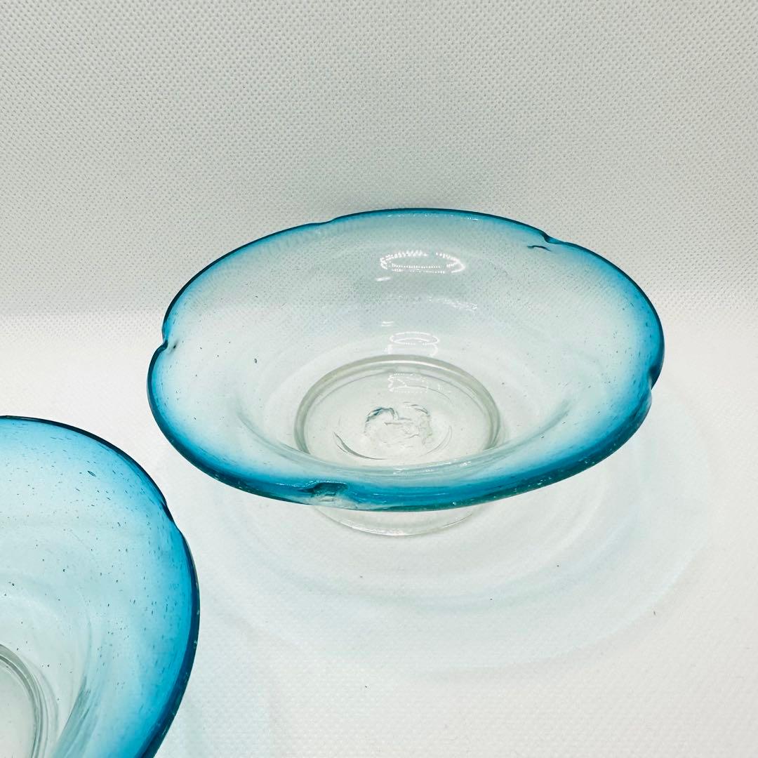【希少】青縁 氷ガラス ボウル アイスグラス 食器 気泡 アンティーク　2客