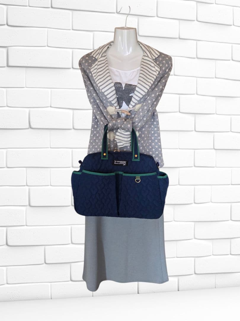 マチャ抹茶様　ポケットいっぱいトートバッグ(L)　ネイビー×グリーン