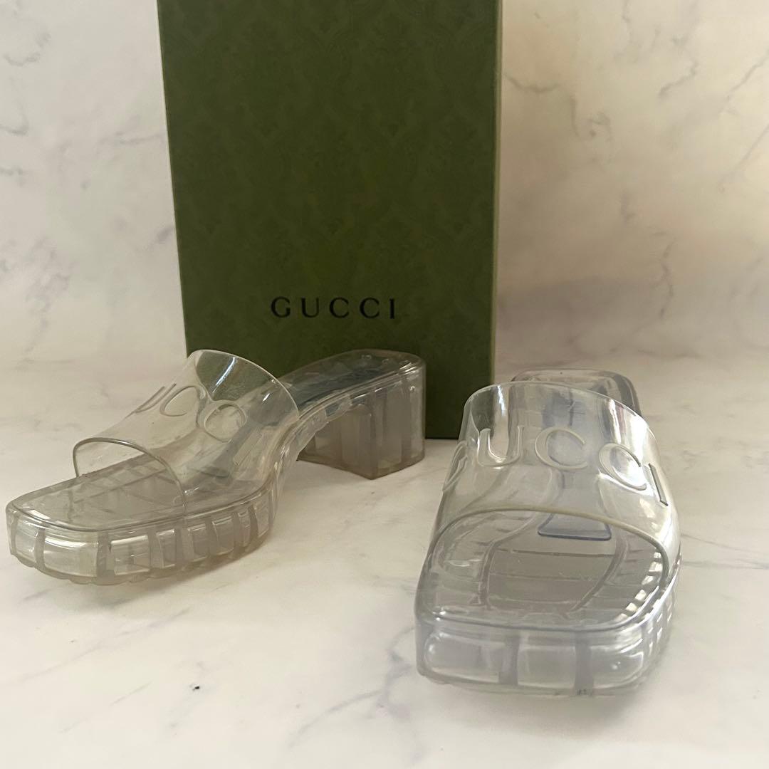 GUCCI クリア エンボスロゴ チャンキーヒール サンダル 39 保存袋 箱付