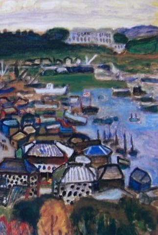 鈴木信太郎、【伊豆下田港】、希少な大判額装用画集より、美品、日本人画家