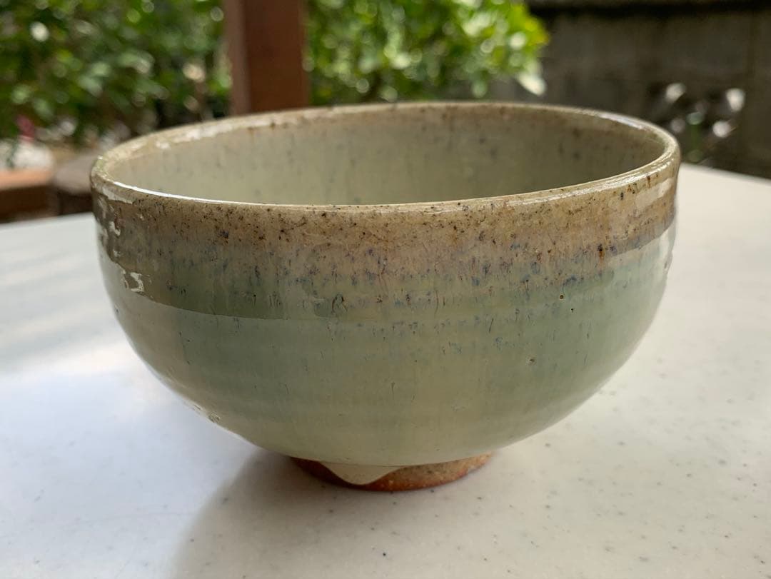 土灰白釉青流茶盌　会津本郷宗像窯　七代目　宗像亮一　造　本人名刺入　貴重　共箱