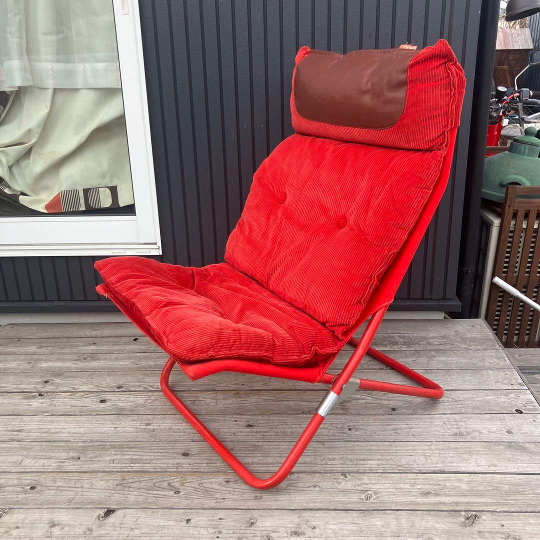 昭和レトロ 太郎&花子の家具 鉄製フレーム コーデュロイアウトドアチェア 赤