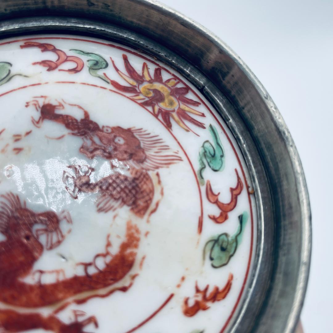 【明】五彩 龍紋包錫 茶托 共仕覆 景徳鎮 中国美術 中国古玩