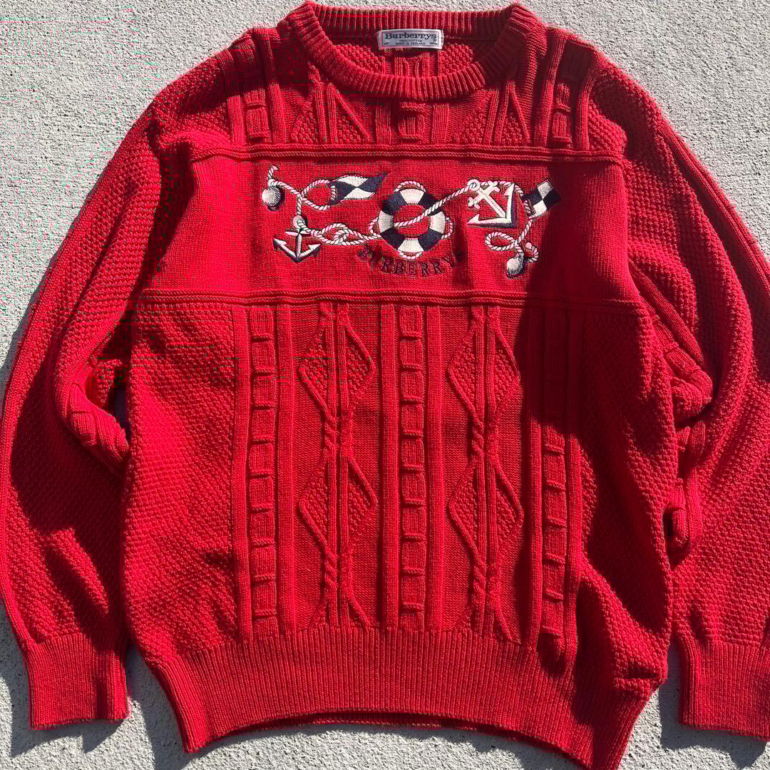 Burberry バーバリー　刺繍ナロゴ ケーブル編みニットセーター　90s 赤