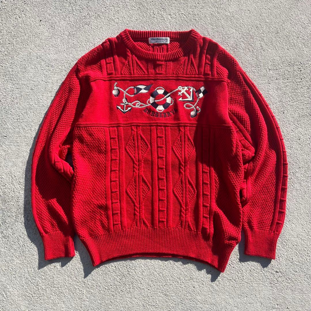 Burberry バーバリー　刺繍ナロゴ ケーブル編みニットセーター　90s 赤