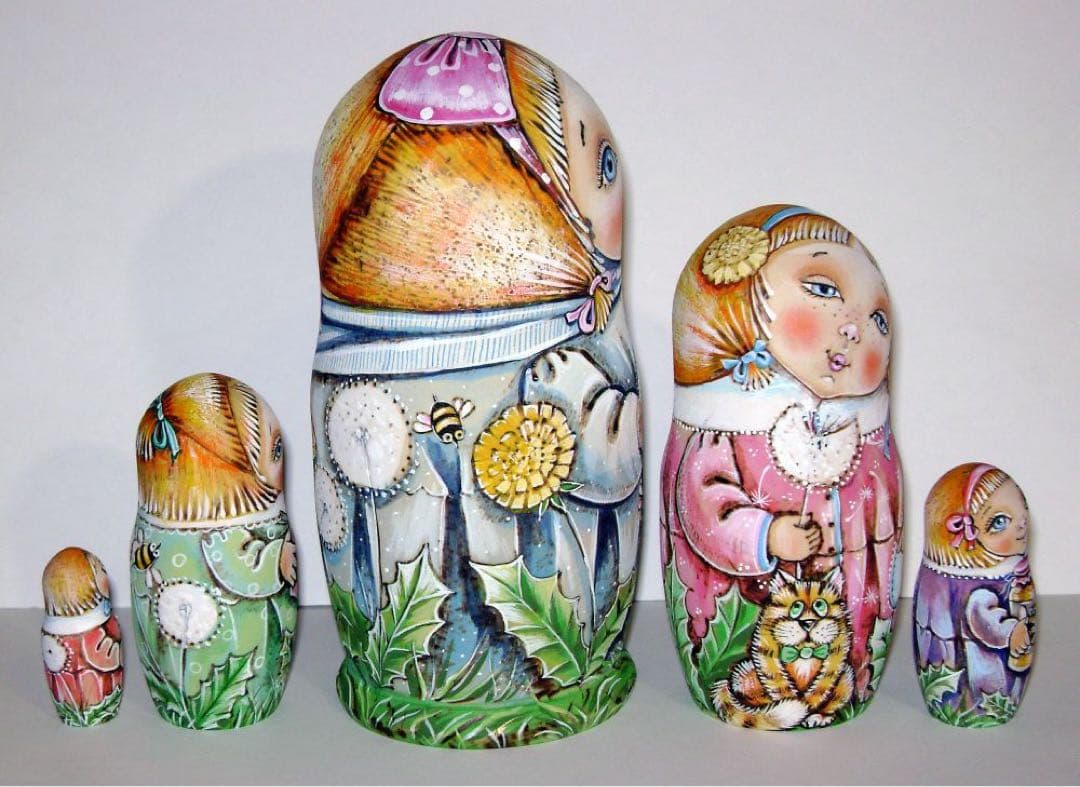 ロシア雑貨☆『タンポポ』ウッドバーニング マトリョーシカ(5P)ミラ作