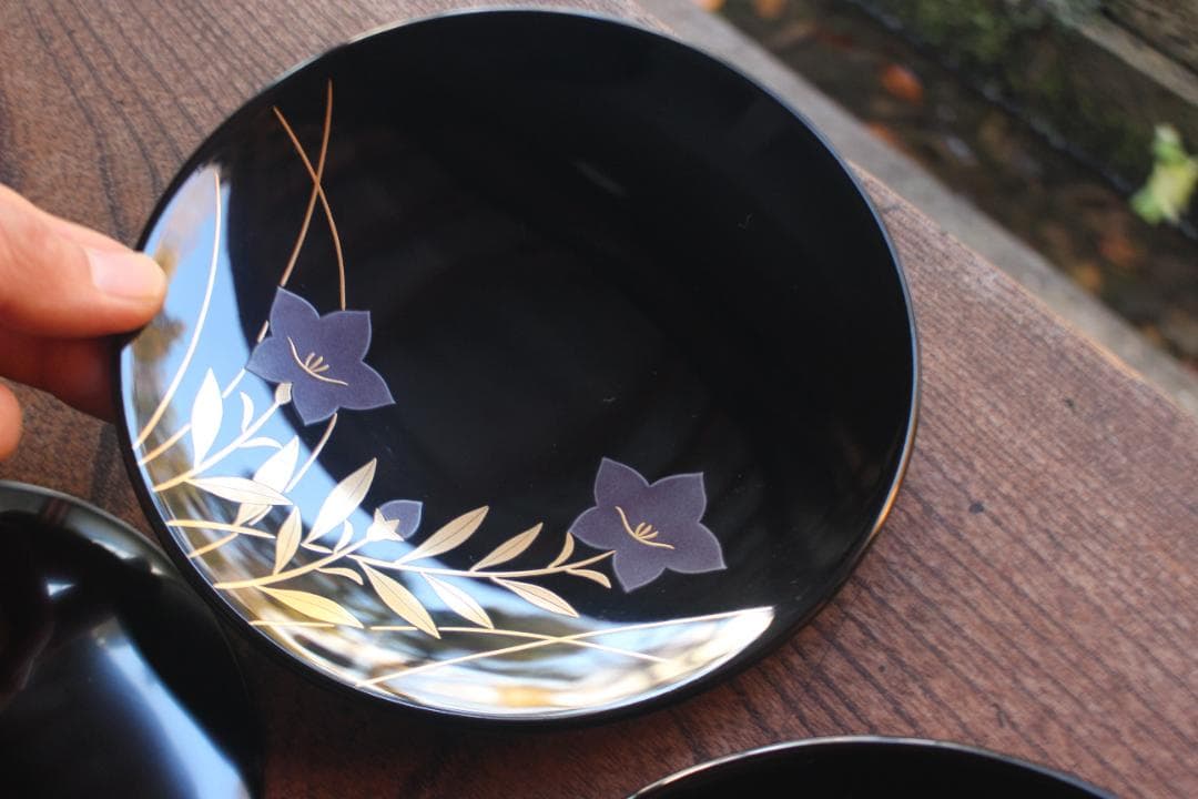 デッドストック！上質黒漆に優美な桔梗蒔絵の映える銘々皿5点（検輪島塗銘々皿蒔絵皿