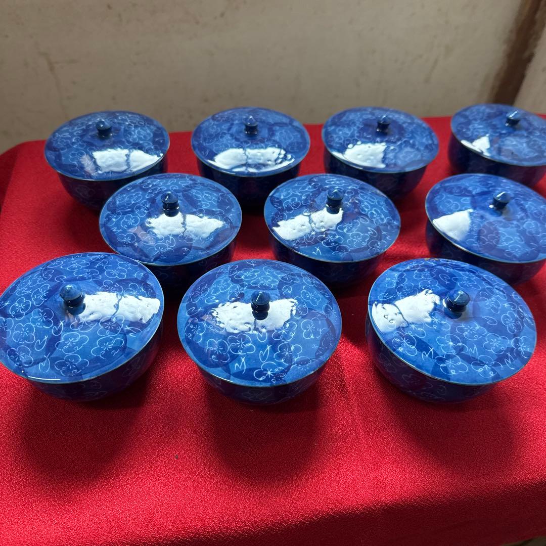 青色花模様陶器杯 12個セット　蓋付き　有田焼