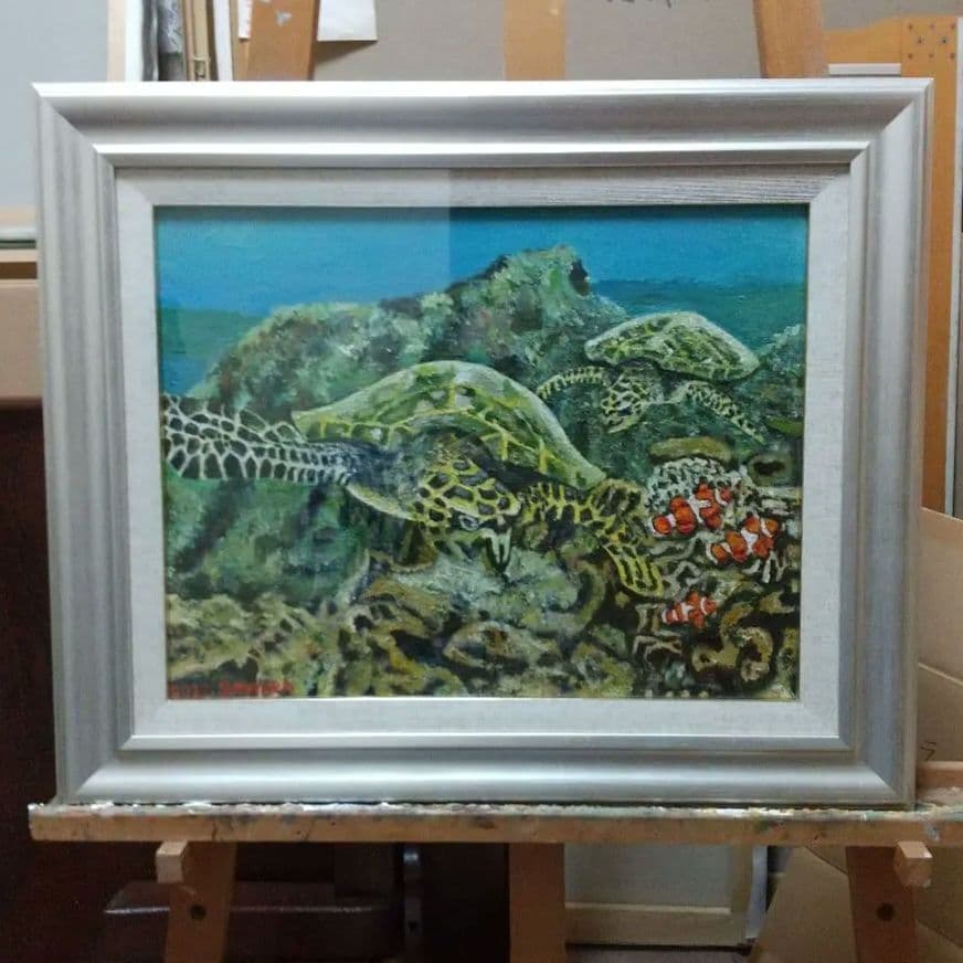 絵画、油彩、F6号、沖縄の2匹泳ぐ海亀、佐原聖春