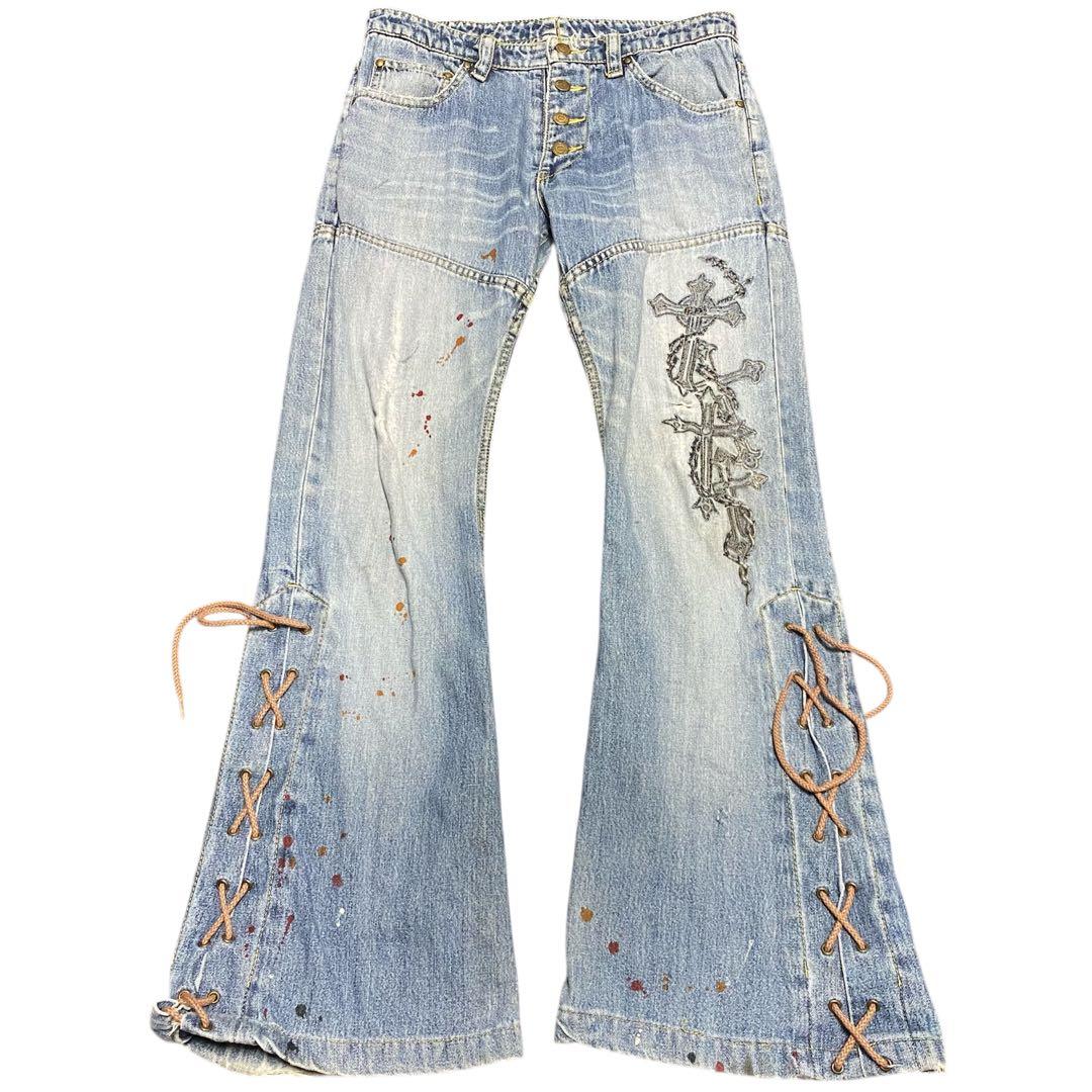 00s TORNADO MART レースアップ クロス刺繍 フレア デニム