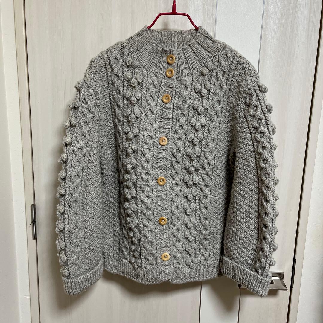 グレー ケーブル編み カーディガン　ハンドメイド　ハマナカ　ソノモノウール100