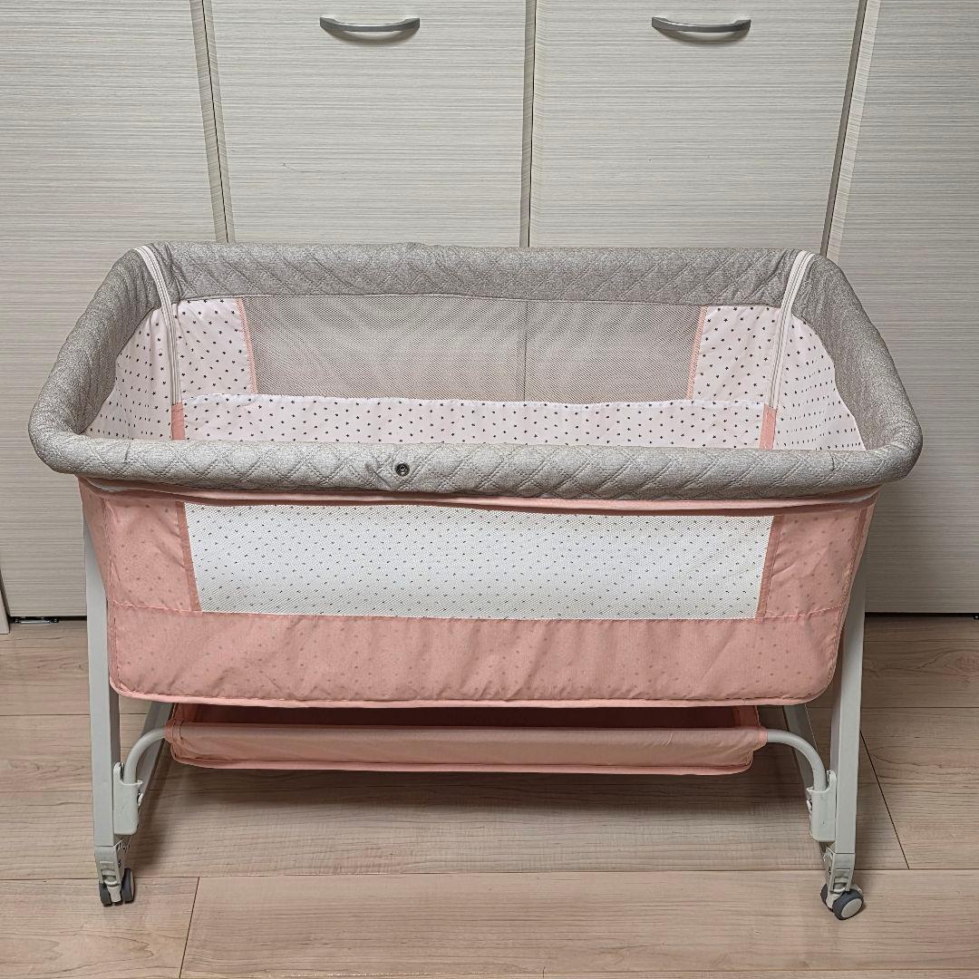 【最終値下げ】ベビーベッド ピンク 新生児 乳児用 高さ6段調節 蚊帳