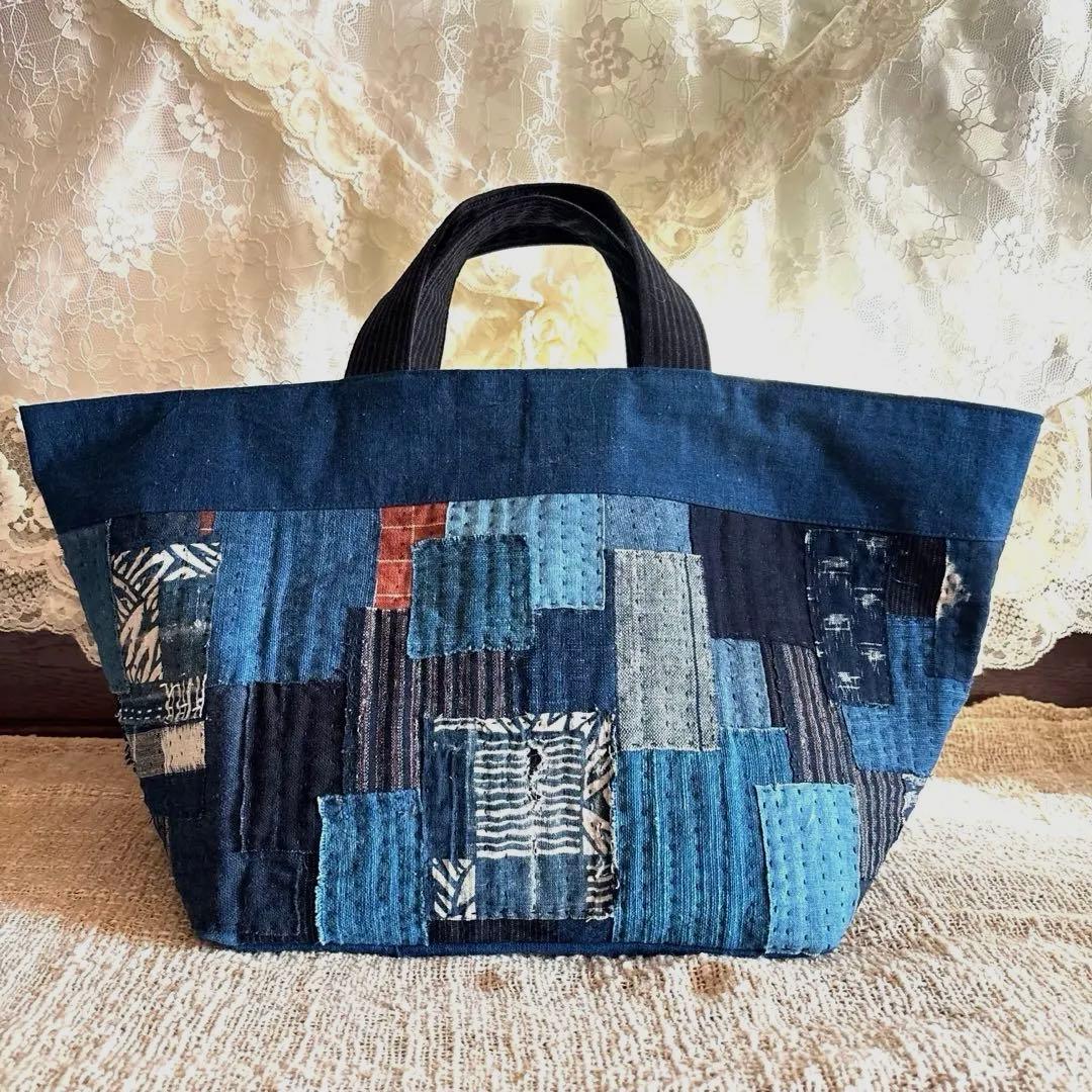 藍染　古布リメイク　ハンドメイド　刺し子　トートバッグ