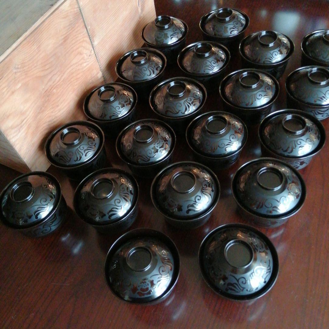 木製漆器　影蒔絵蓋付吸物椀　20客　11cm　明治～昭和初期