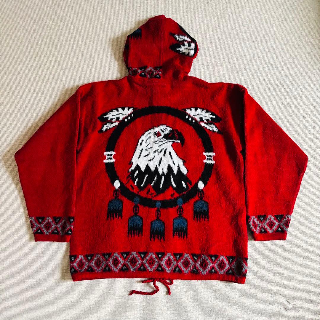 90s ヴィンテージ　エクアドルニット　ジップパーカー　総柄　イーグル　希少　L