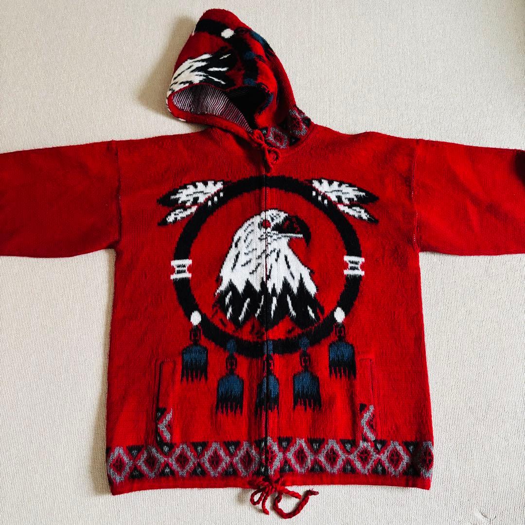 90s ヴィンテージ　エクアドルニット　ジップパーカー　総柄　イーグル　希少　L