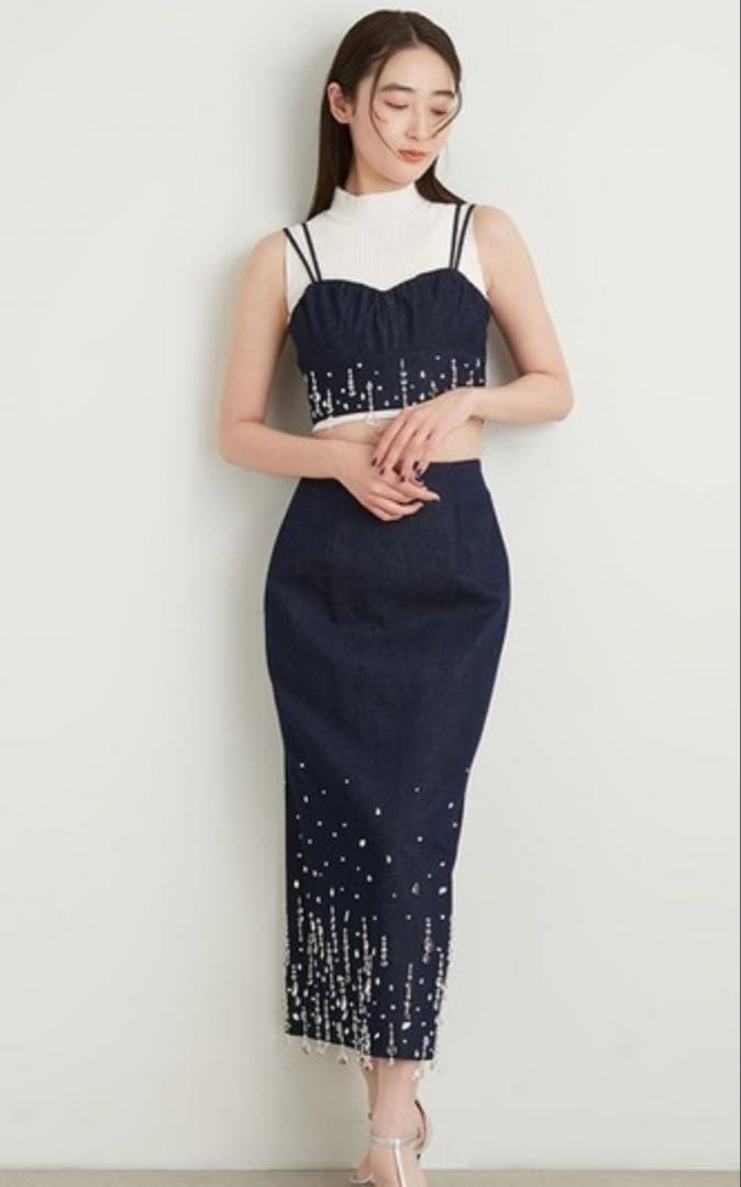 Lily Brownクリアビジュー デニム ビスチェ/ロングスカート サイズF