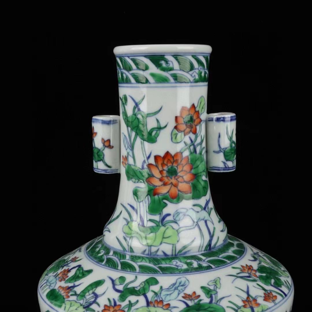 中国古美術✦清乾隆紋・青花斗彩・荷花紋・貫耳瓶セット✦花瓶・文房具・陶芸・観賞瓶