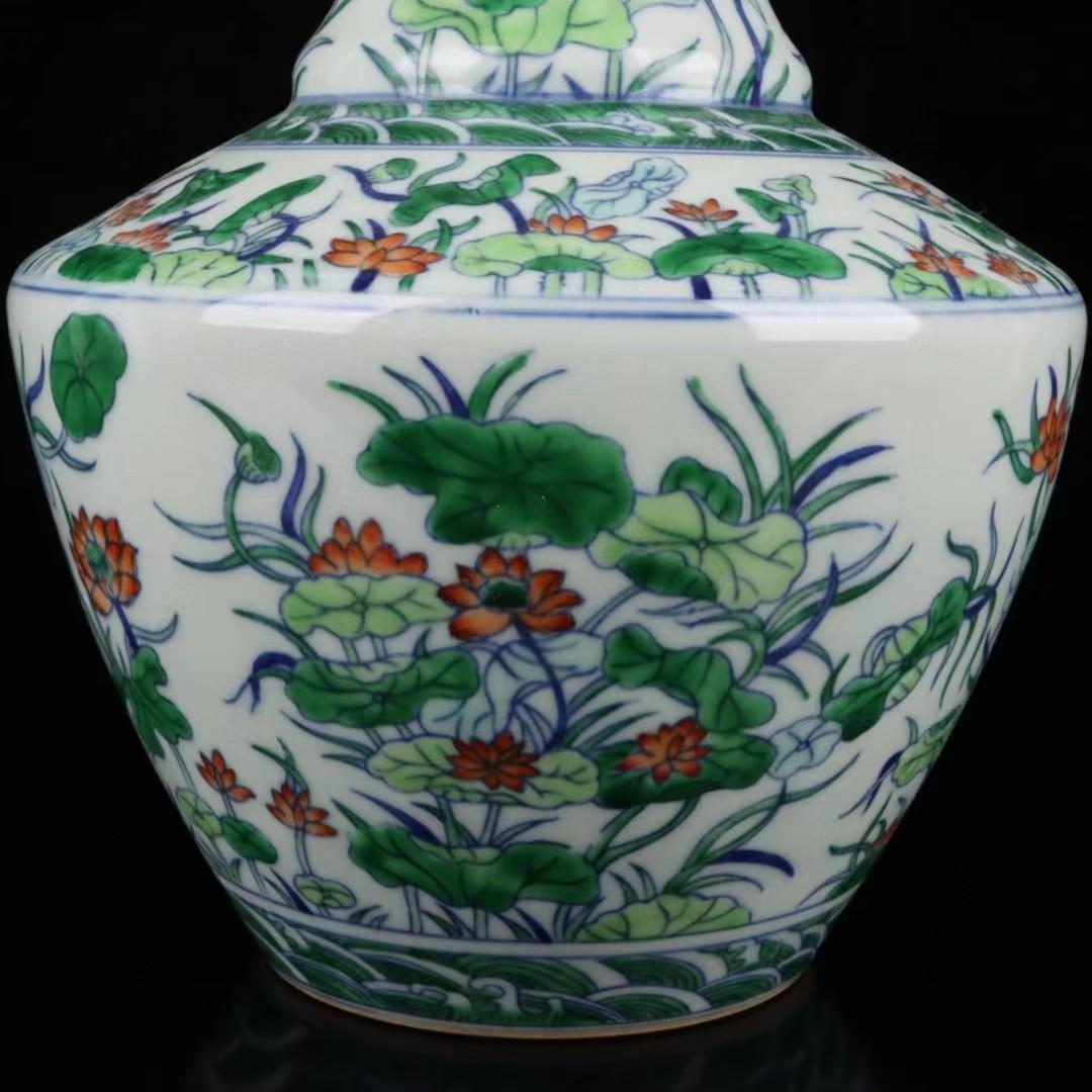 中国古美術✦清乾隆紋・青花斗彩・荷花紋・貫耳瓶セット✦花瓶・文房具・陶芸・観賞瓶