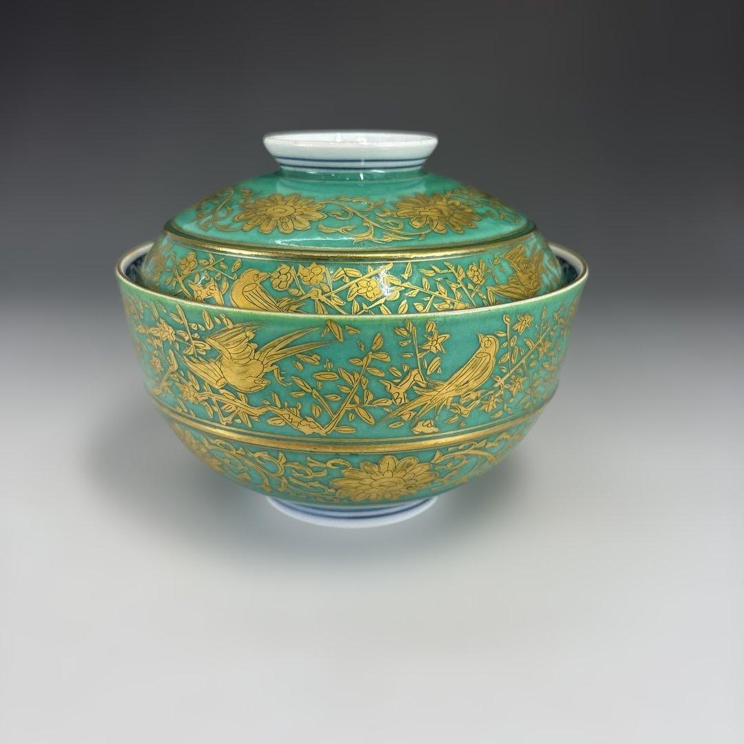 【茶道具】青地金襴手唐草蓋物十客（二個蓋無し）