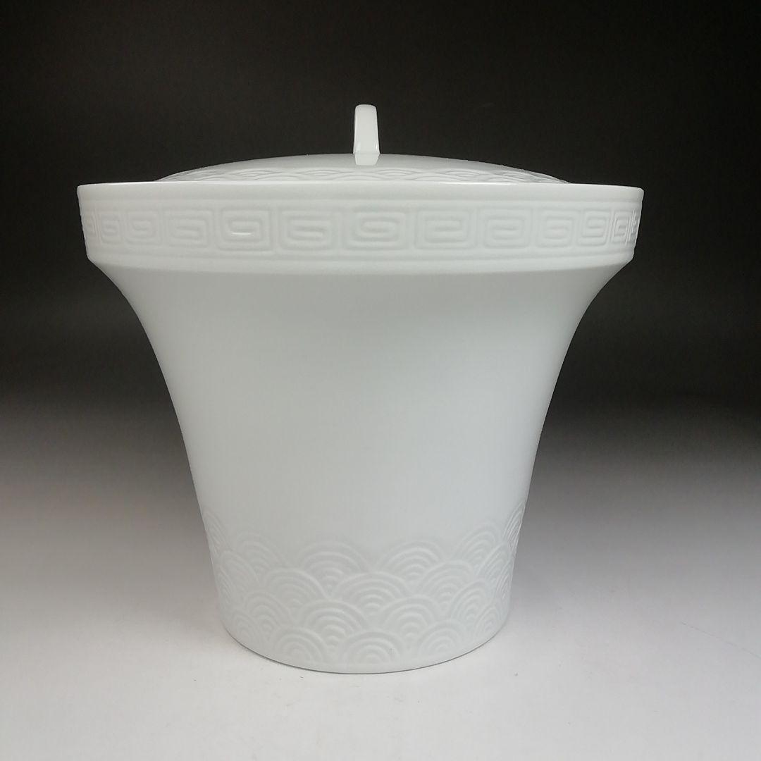 Ｗ６４　水指　『白磁　青海波』『末広水指』『横石喜助 造』　共箱　茶道具