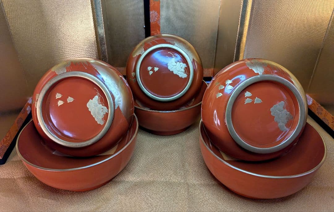 明治時代 輪島塗 金蒔絵 蓋付椀 波千鳥 3客 木製 汁椀 雑煮椀