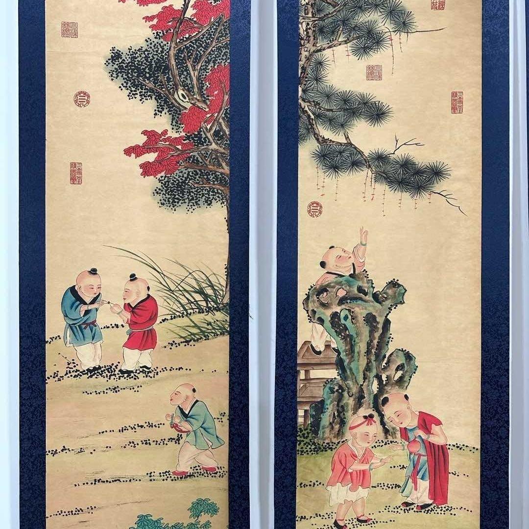 唐寅 童戏図 四条屏 掛け軸セット 証書付き／宣紙／装裱済み／中国美術