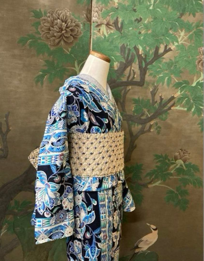 ターコイズ浴衣　更紗柄　エキゾチック変わり織り　単衣　浴衣　帯プレゼント付き