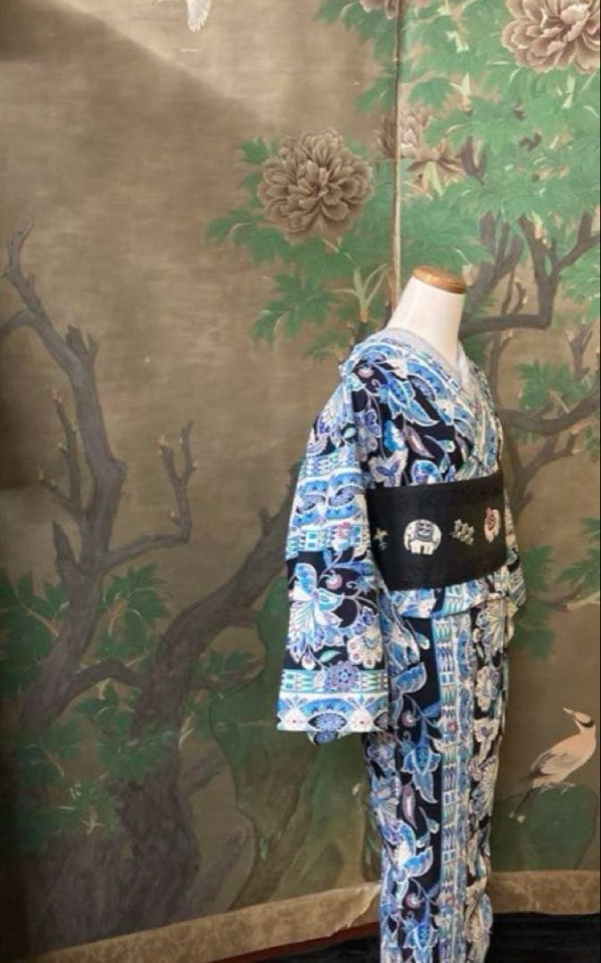 ターコイズ浴衣　更紗柄　エキゾチック変わり織り　単衣　浴衣　帯プレゼント付き