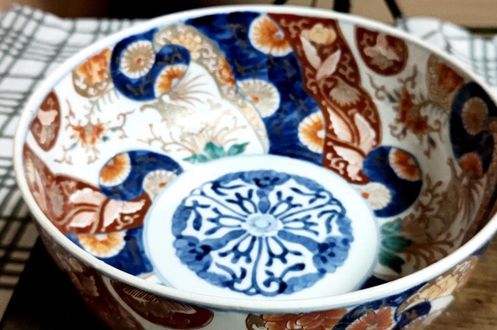 古民具 骨董工芸　古伊万里 絵付　冨長貴春銘　三つ鉢　木箱付