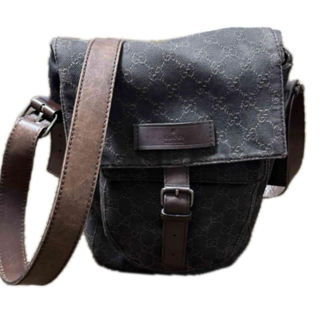 GUCCIGG柄 ロングショルダーバッグ 茶 ブラウン デニム×レザー