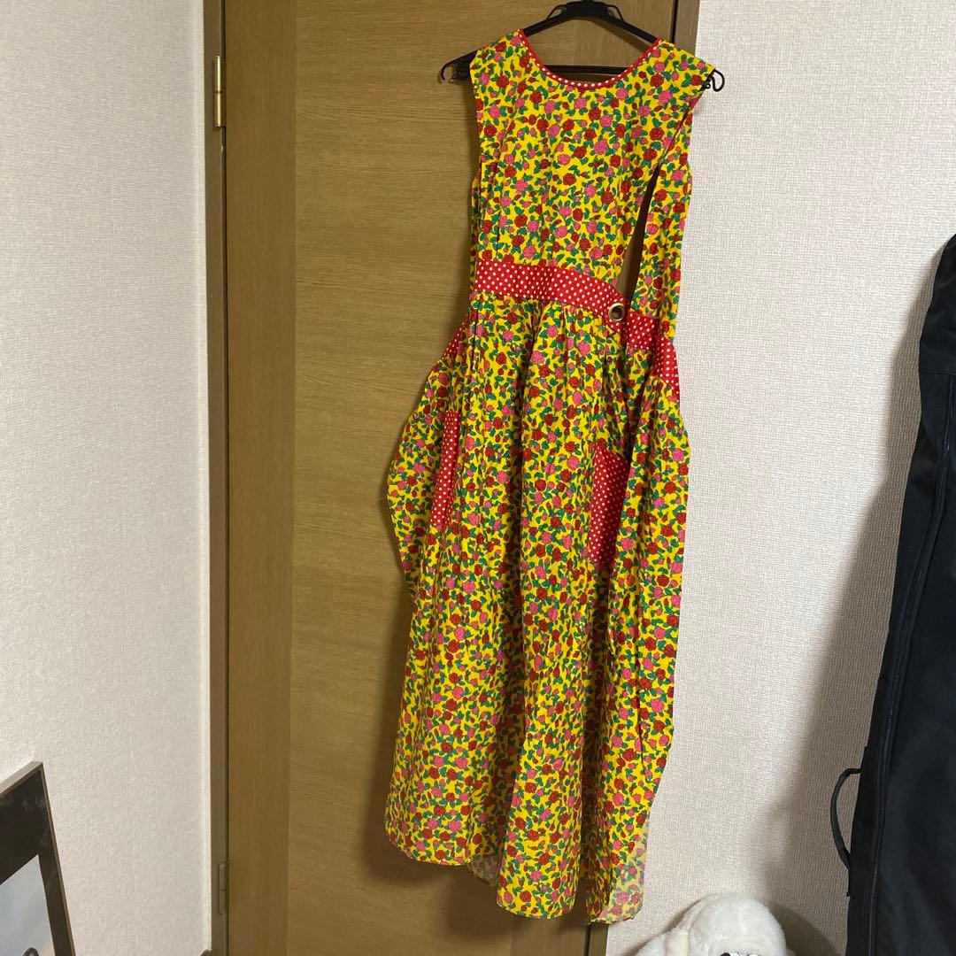 vintage70sパッチワーク 花柄ドットポケットエプロンワンピース