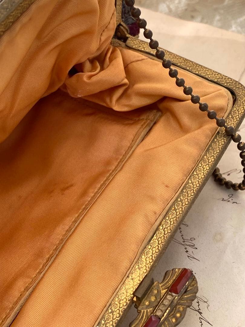 英国アンティークゴールドメタリック手刺繍パース　ベルベット　瑪瑙イギリス　花