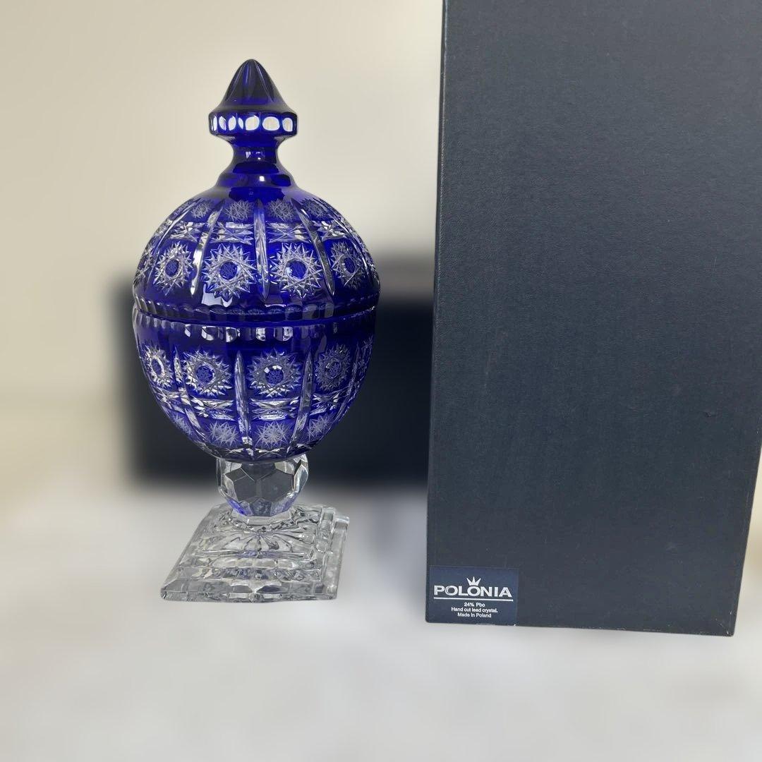 POLONIAコバルトブルー カットガラス 蓋付きポット元箱付き
