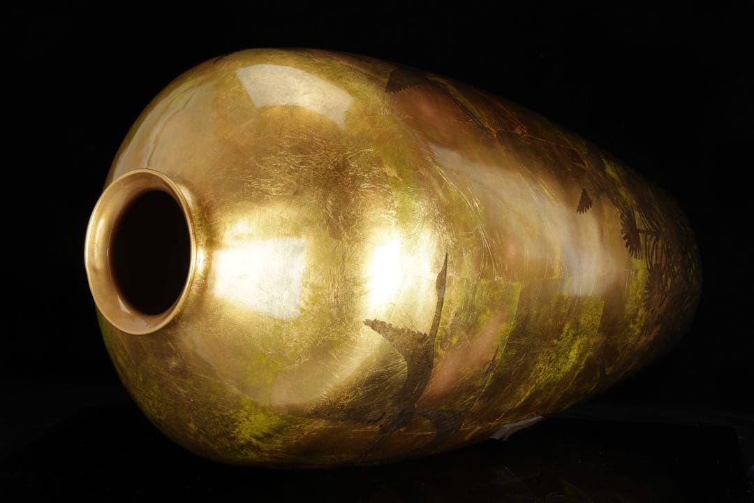 大型 漆塗 金地花瓶 鶴図 秋草文様 高さ62cm 花器 飾壺 古美術品 骨董品