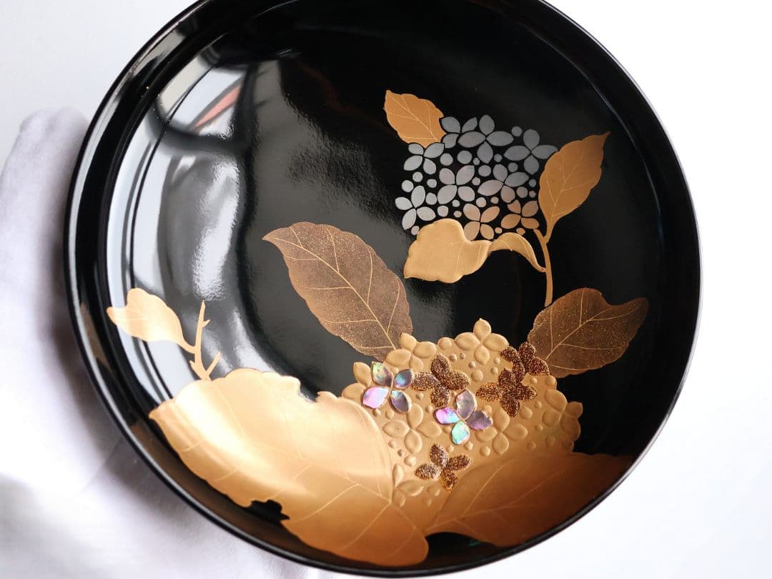 【MB190】天然木漆塗 紫陽花と葵 金蒔絵 螺鈿入 黒塗 煮物椀 五客 昭和期