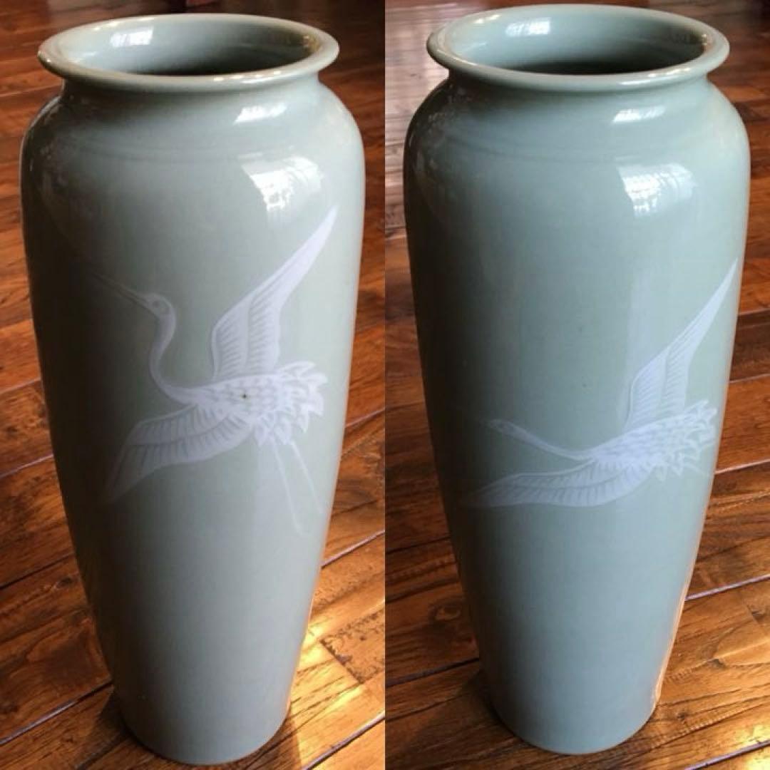 経年70年以上 清水焼 青磁 『鶴』花瓶 花器 花入 壺 飾り壺 時代物 骨董品