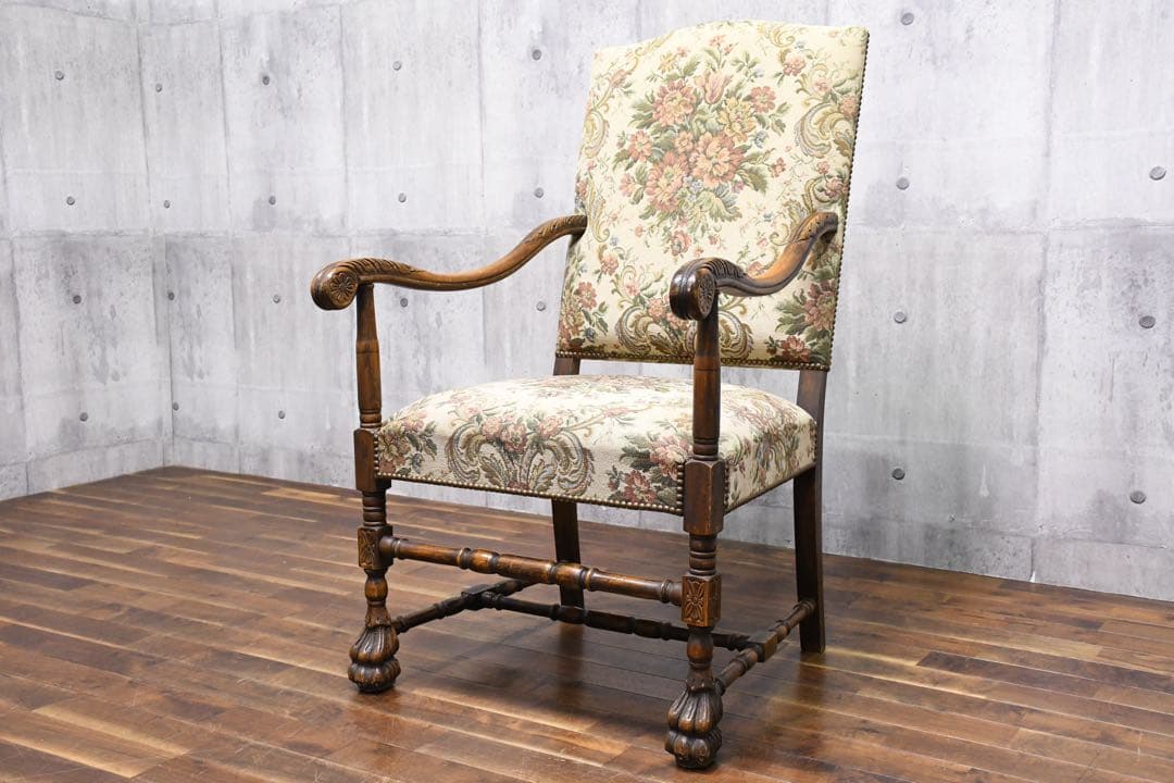 EIC27 英国アンティーク アームチェア オーク無垢材 ゴブラン張り 単鋲打ち