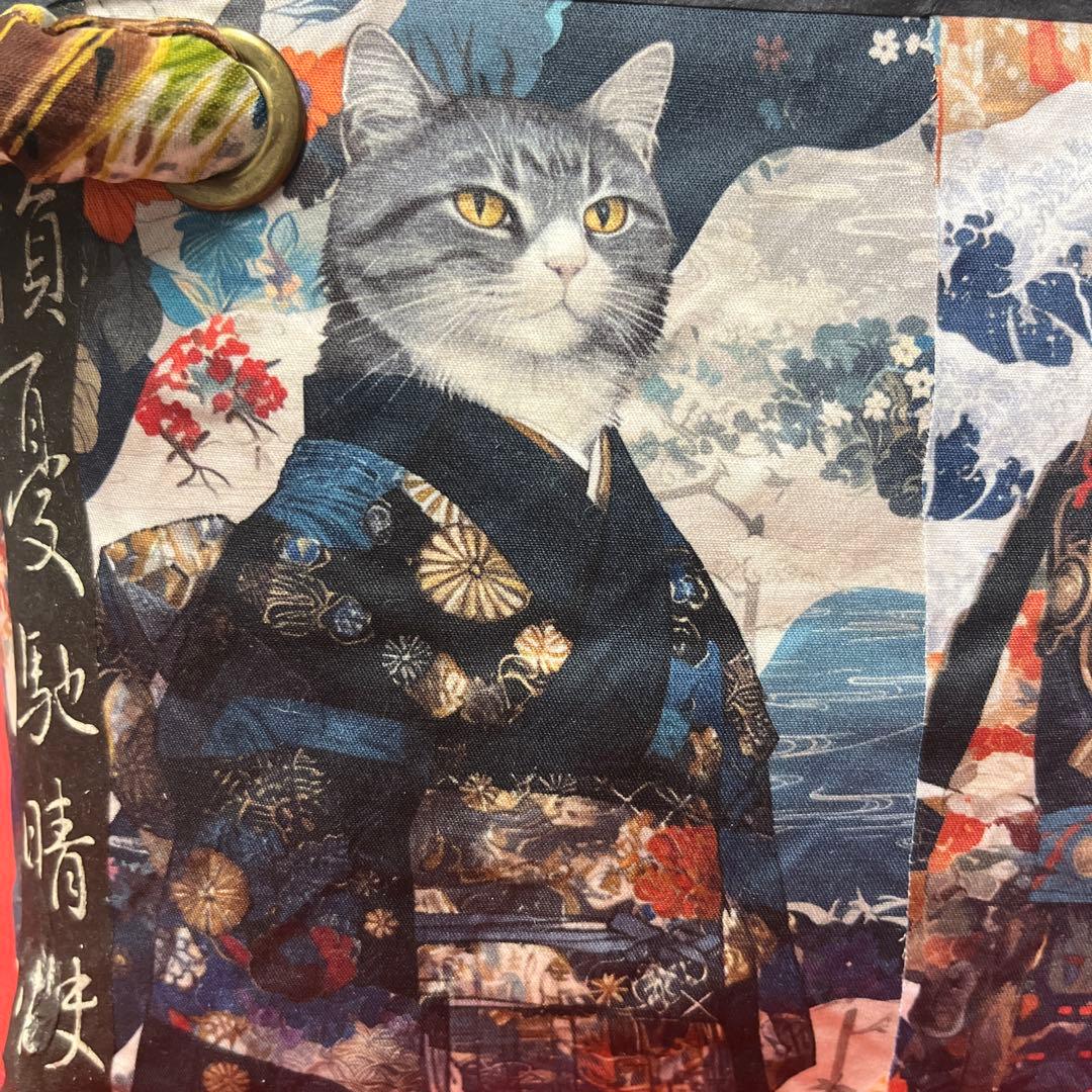 侍猫 一閑張り バッグ かごバッグ ハンドバッグ 和猫 和柄 武士 少し小さめ