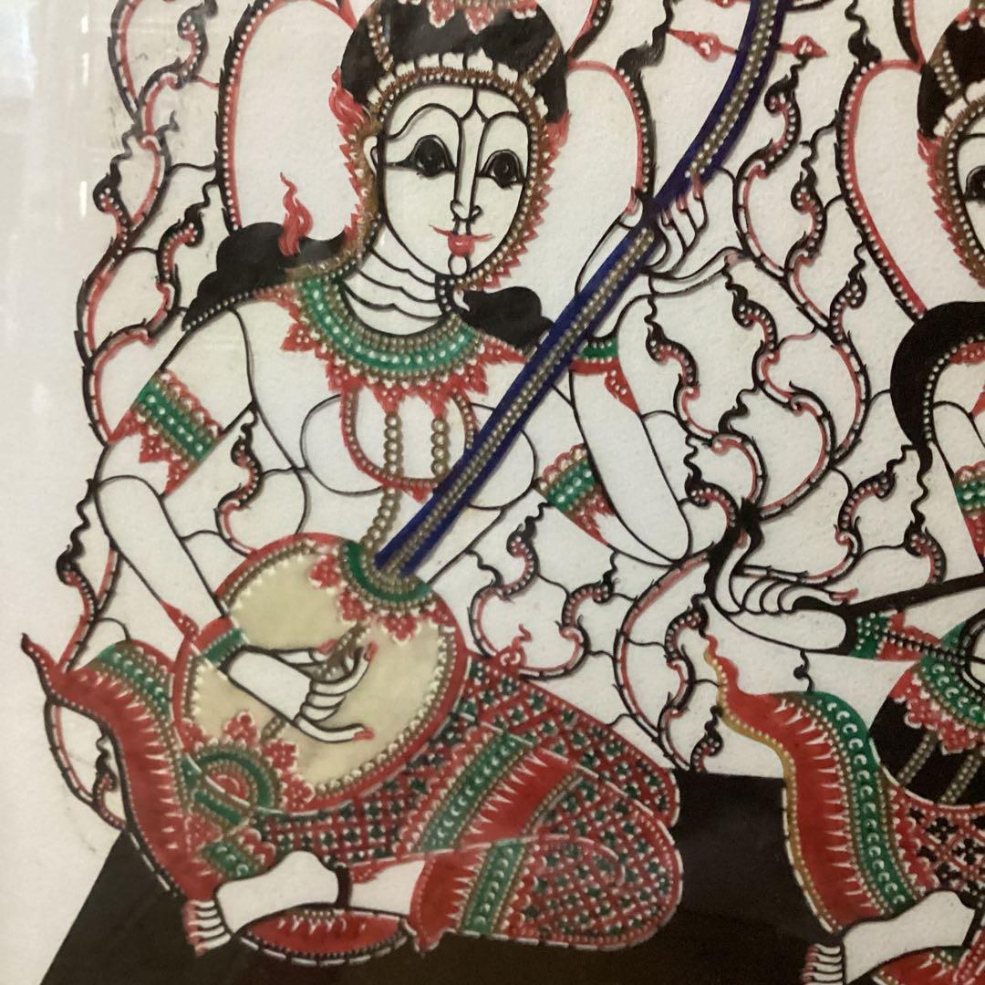 インドネシア　民芸品　布製カロチャ刺繍調　リシェリュ風カットワーク 　木枠額装