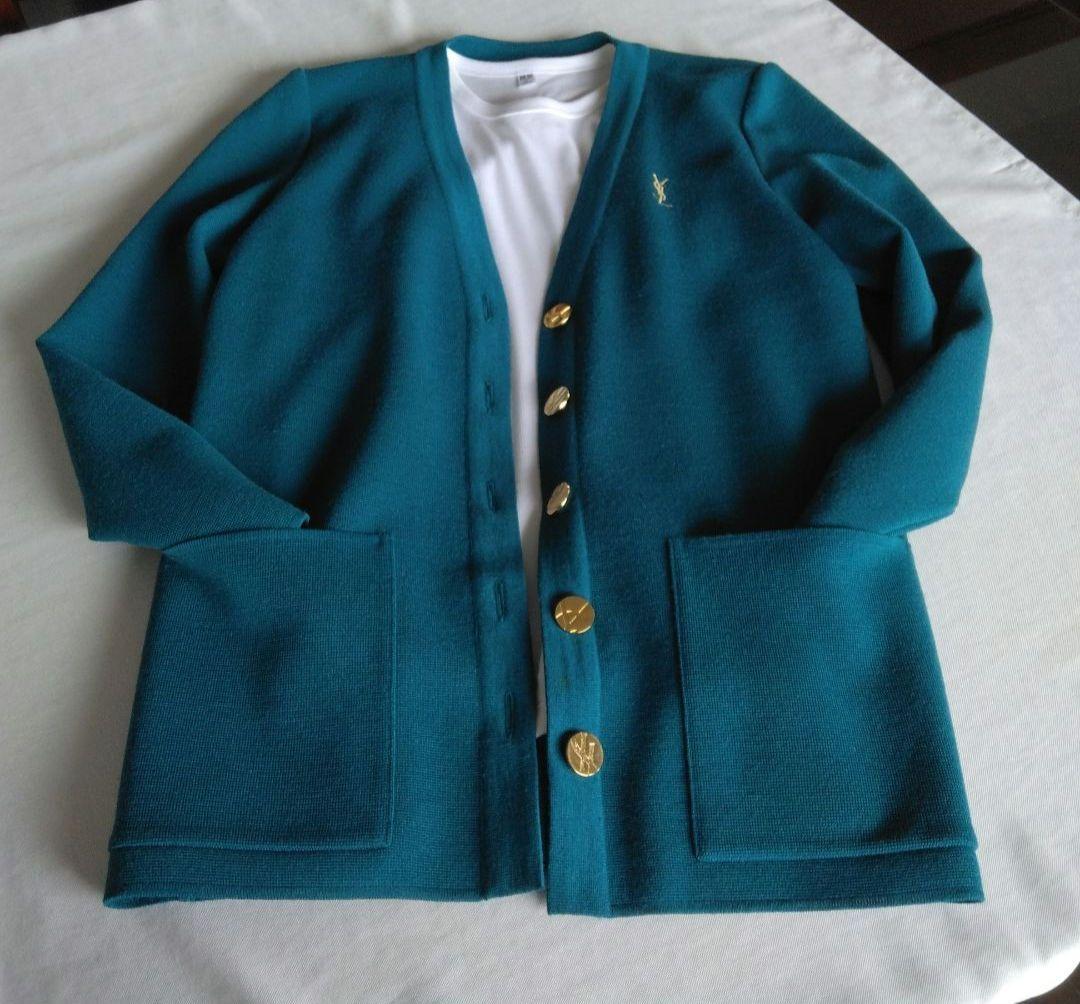 イヴ・サンローラン カーデガン ロゴ刺繍 金ボタン ヴィンテージ グリーン