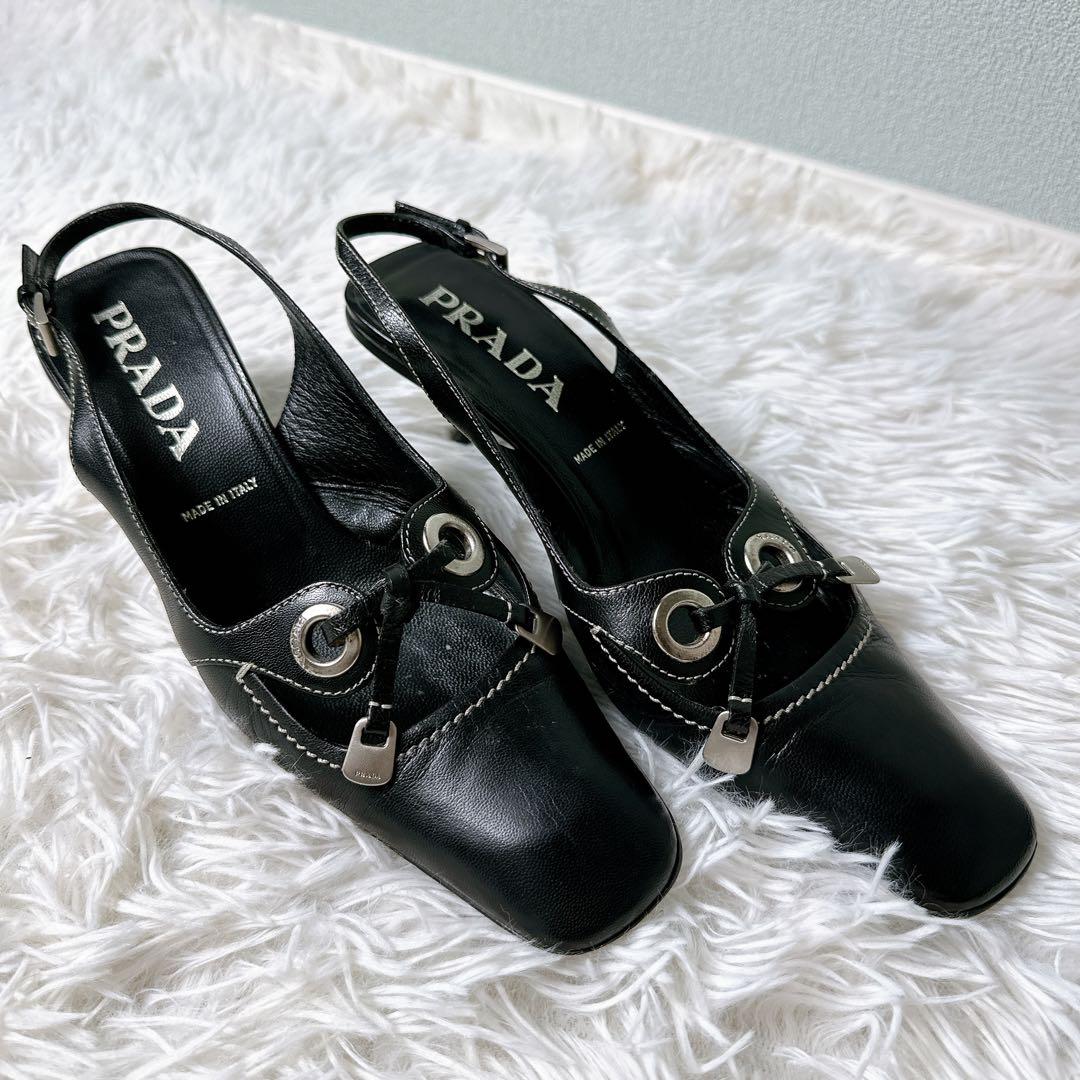 美品✨PRADA ミュール バックストラップ サンダル ヒール ロゴ 23.5