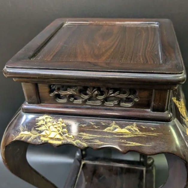 大名道具 唐木 猫脚 木製 透かし彫 花台 高卓 無垢材 黒檀　高蒔絵 螺鈿細工