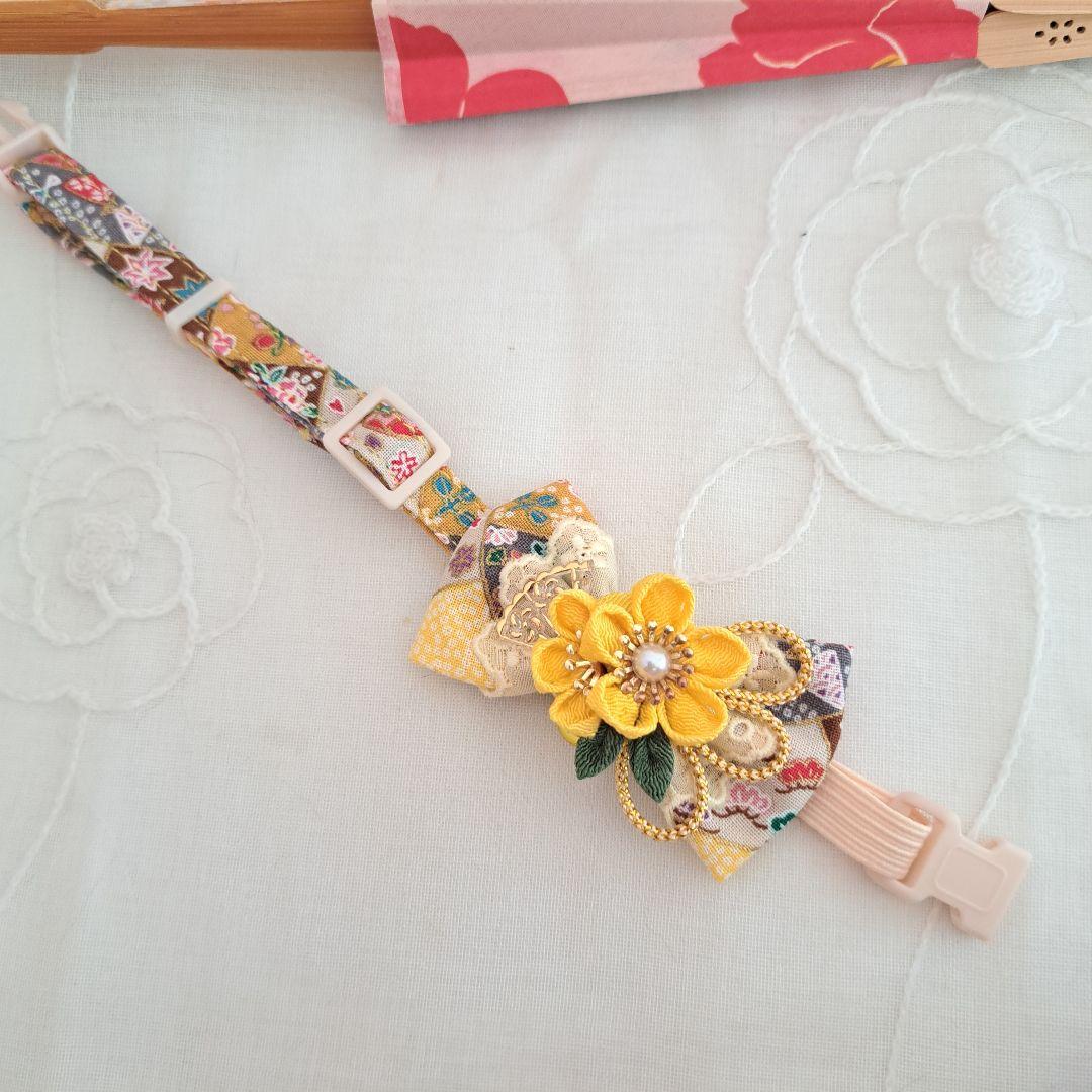 お正月、つまみ細工シングルリボン(黄色)わんちゃん猫ちゃん用首輪