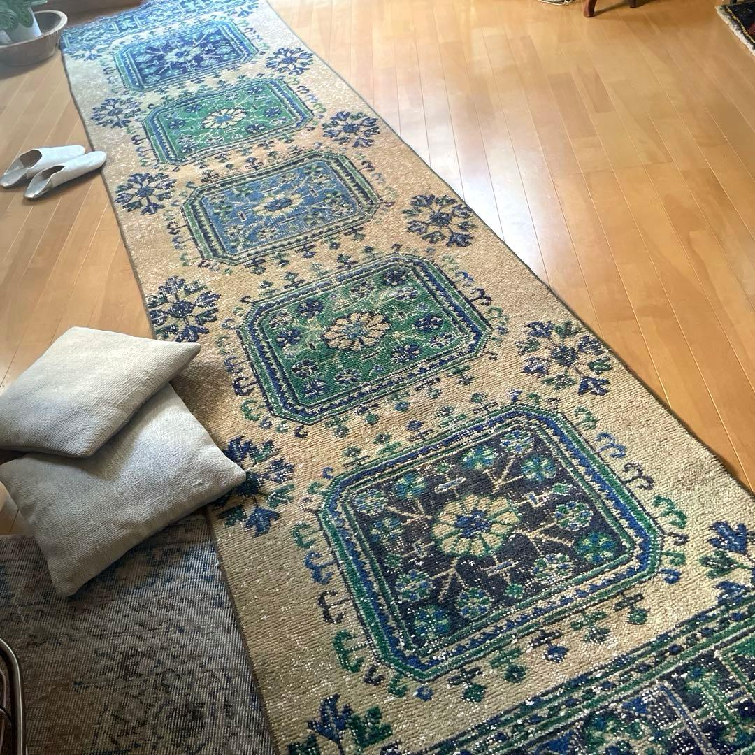 83×342 超ロング大判　ボタニカル　くすみイエロー　トルコヴィンテージラグ