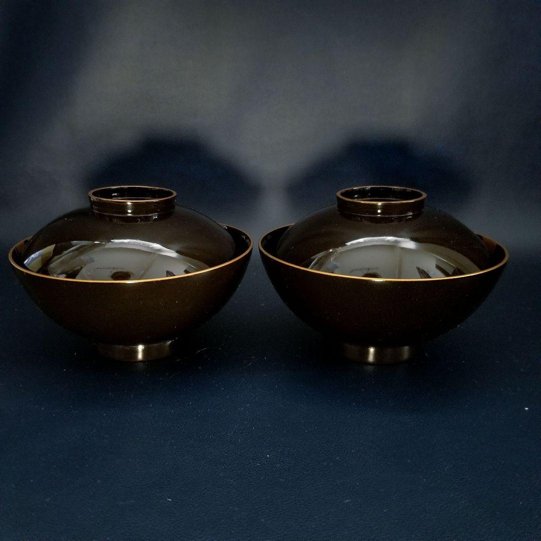 美品 輪島塗 黒漆塗 本金加賀蒔絵 金銀彩内・見返し総蒔絵 吸物椀 雑煮 2客