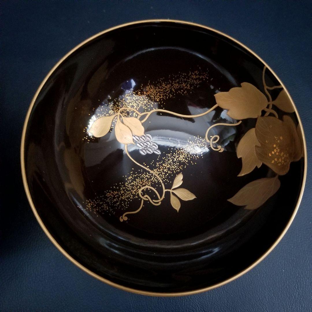 美品 輪島塗 黒漆塗 本金加賀蒔絵 金銀彩内・見返し総蒔絵 吸物椀 雑煮 2客