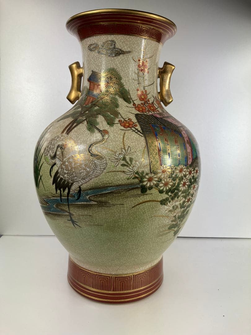 薩摩焼 蔵出 花瓶 花器　鶴と花の装飾　約38cm 4kg