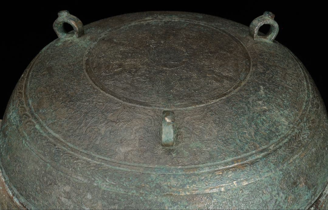 春秋時代 青銅蟠螭紋鼎 三足双耳鼎 蓋付 共箱 古銅器 唐物 時代 古美術 骨董